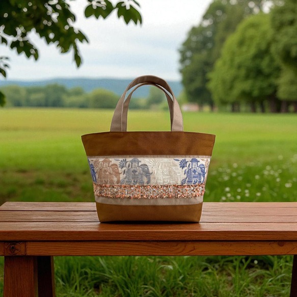 インドゾウ/インド刺繍×キラキラツイード×帆布/トートバッグ 4枚目の画像