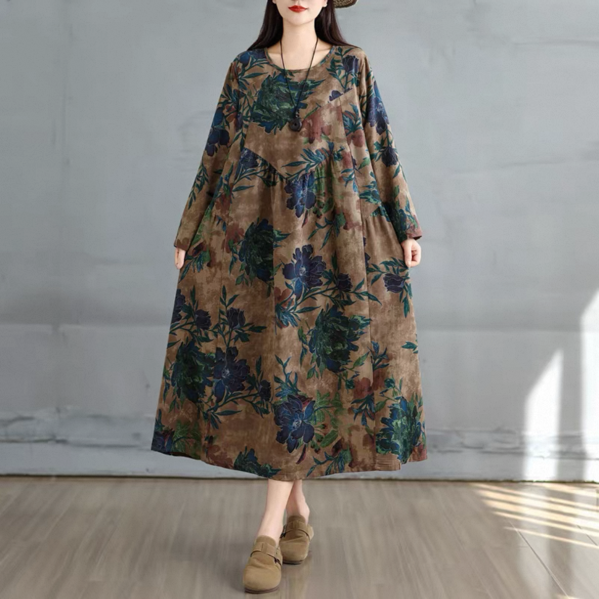 花柄 ゆったりワンピース 長袖ワンピース 綿麻ワンピース レディースワンピース 秋ワンピース  大人カジュアル