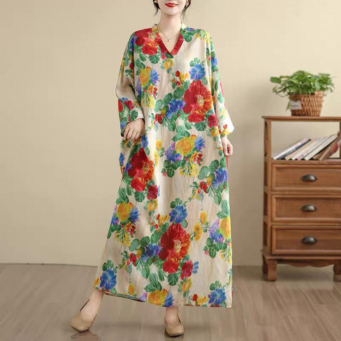 花柄 ゆったりワンピース 9分袖ワンピース 綿麻ワンピース レディースワンピース 秋ワンピース  大人カジュアル