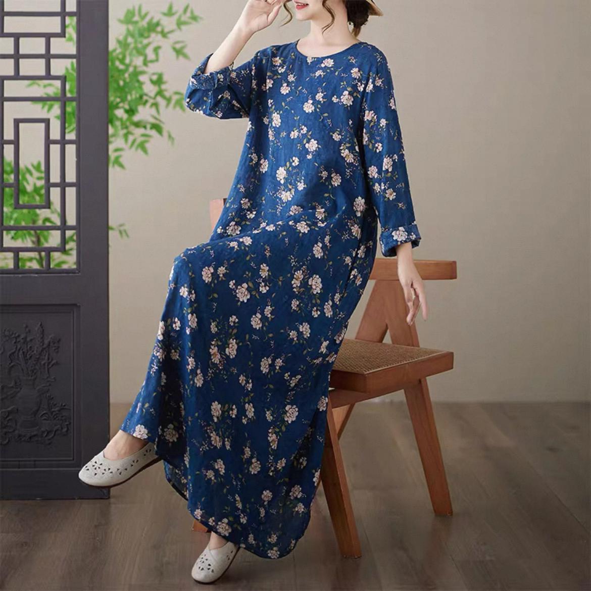 花柄 長袖ワンピース 綿麻ワンピース レディースワンピース 秋ワンピース ゆったりワンピース 大人カジュアル