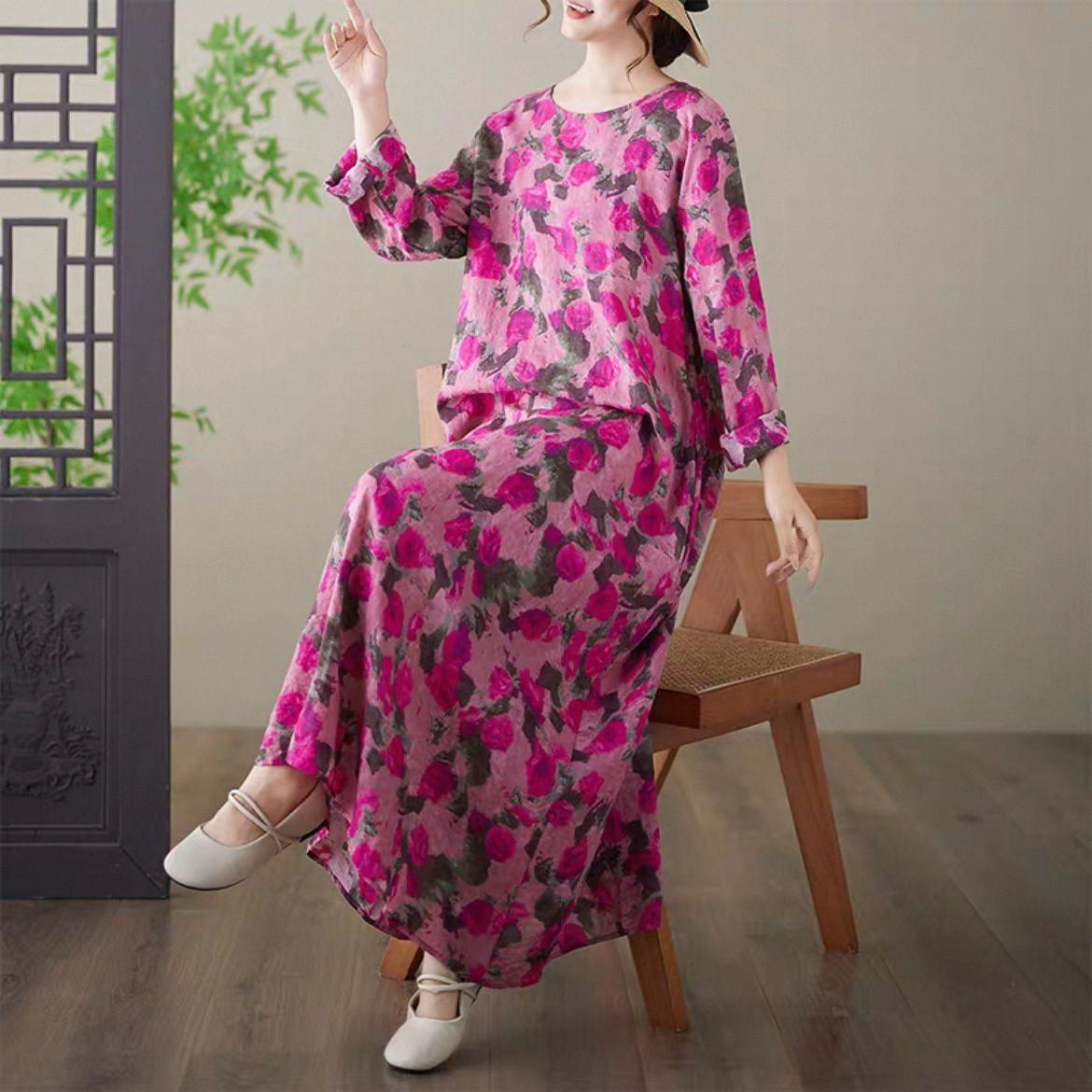 花柄 長袖ワンピース 綿麻ワンピース レディースワンピース 秋ワンピース ゆったりワンピース 大人カジュアル
