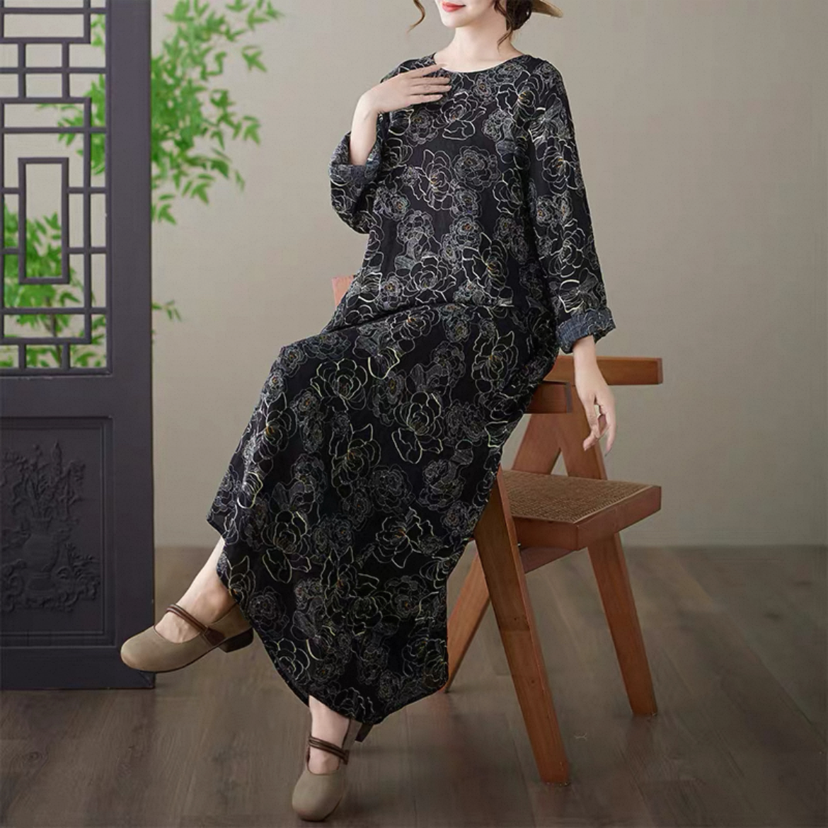 花柄 長袖ワンピース 綿麻ワンピース レディースワンピース 秋ワンピース ゆったりワンピース 大人カジュアル
