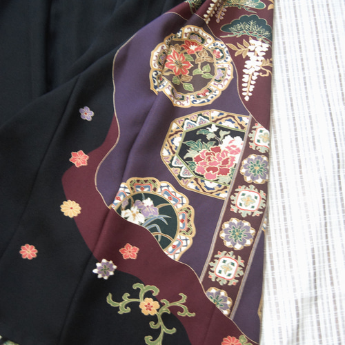 松と藤 絵皿文様の留袖ドレス＊キュプラペチコート付き 着物リメイク