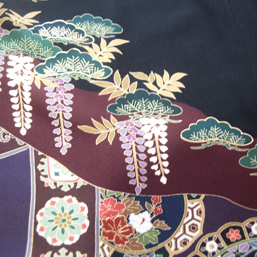 松と藤 絵皿文様の留袖ドレス＊キュプラペチコート付き 着物リメイク