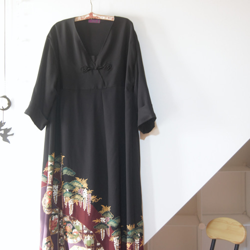 松と藤 絵皿文様の留袖ドレス＊キュプラペチコート付き 着物リメイク