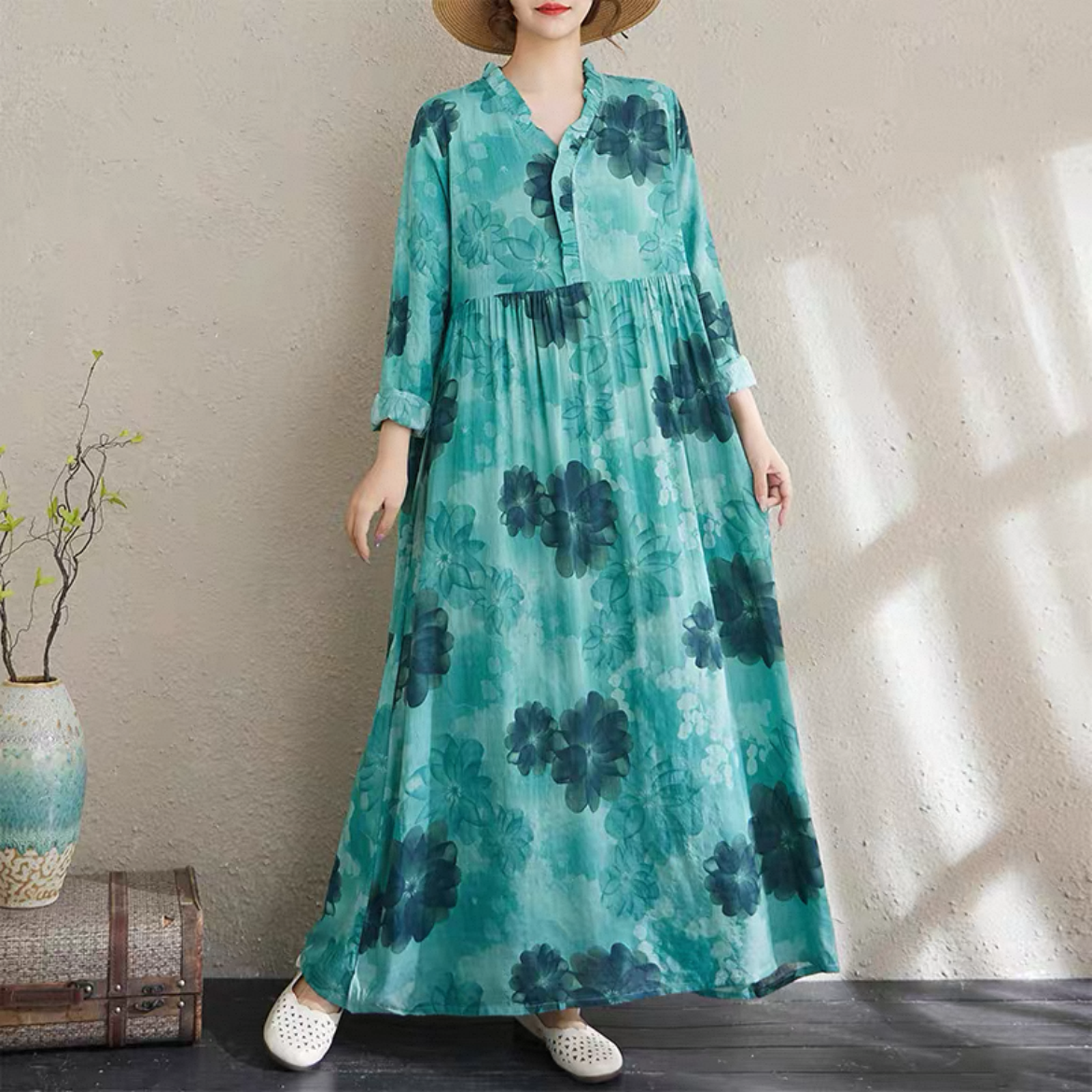 花柄 長袖ワンピース 綿麻ワンピース レディースワンピース 秋ワンピース ゆったりワンピース 大人カジュアル