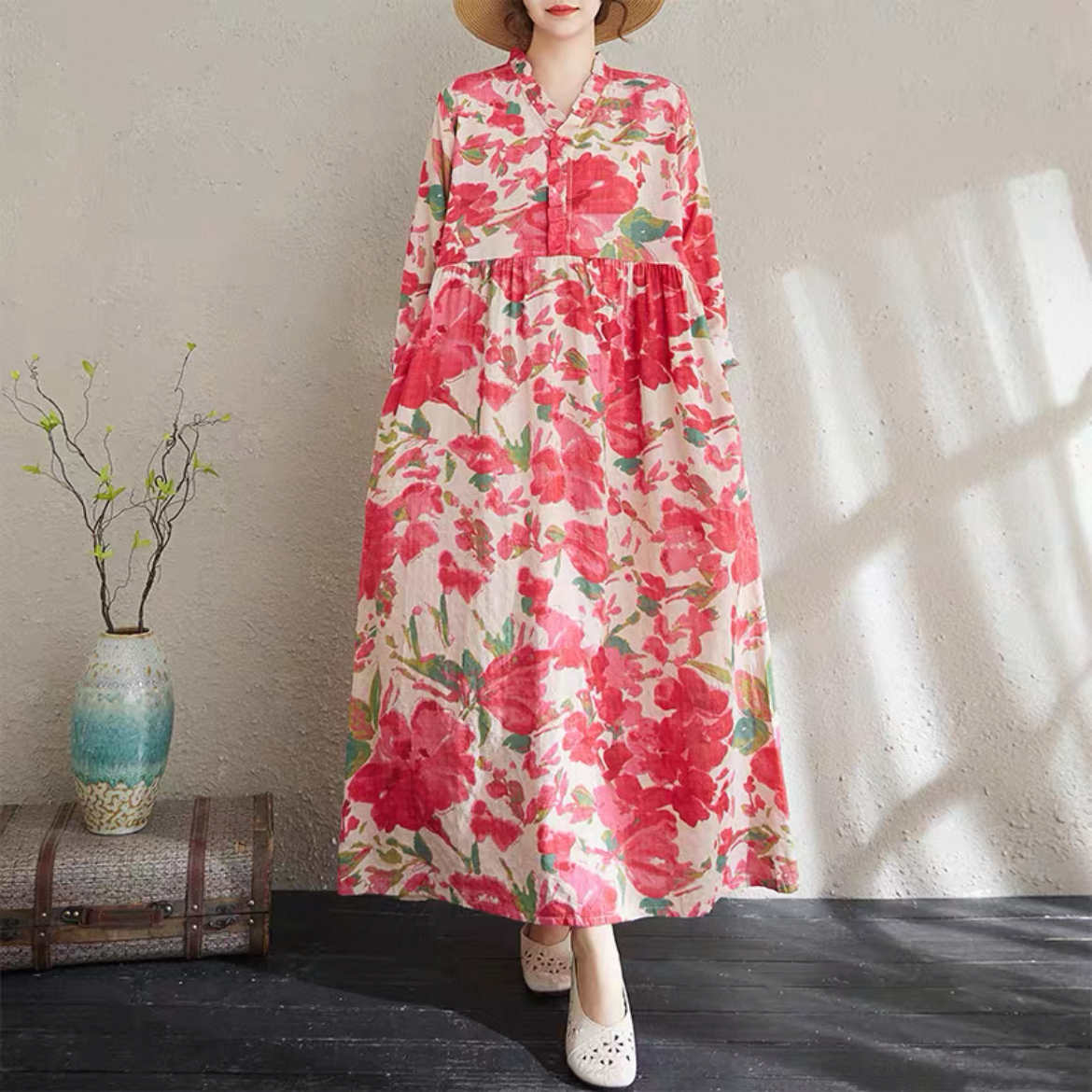 花柄 長袖ワンピース 綿麻ワンピース レディースワンピース 秋ワンピース ゆったりワンピース 大人カジュアル
