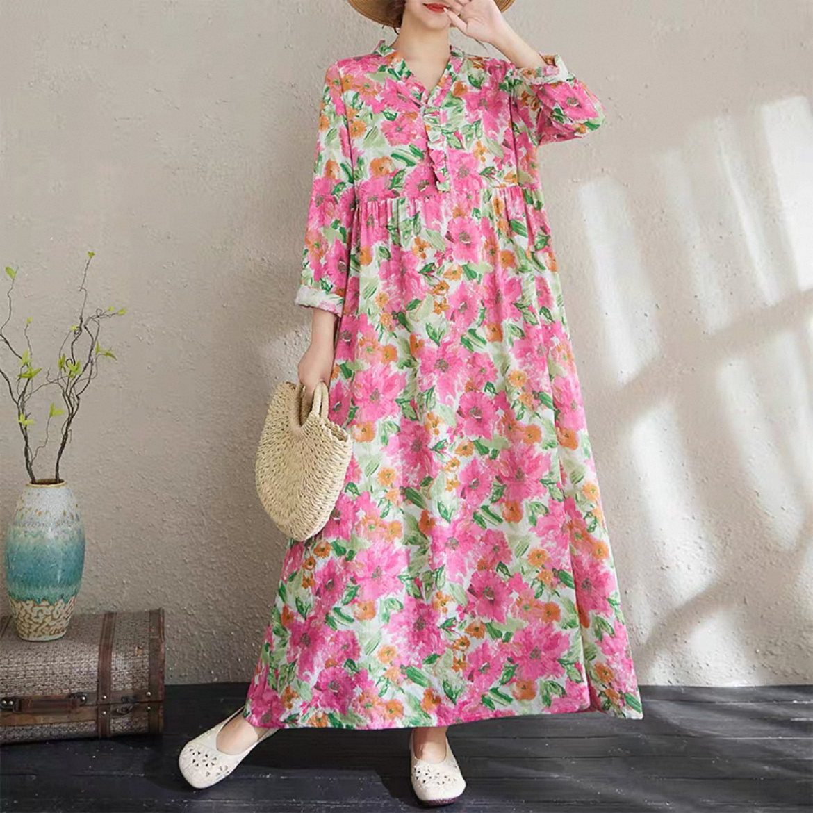 花柄 長袖ワンピース 綿麻ワンピース レディースワンピース 秋ワンピース ゆったりワンピース 大人カジュアル