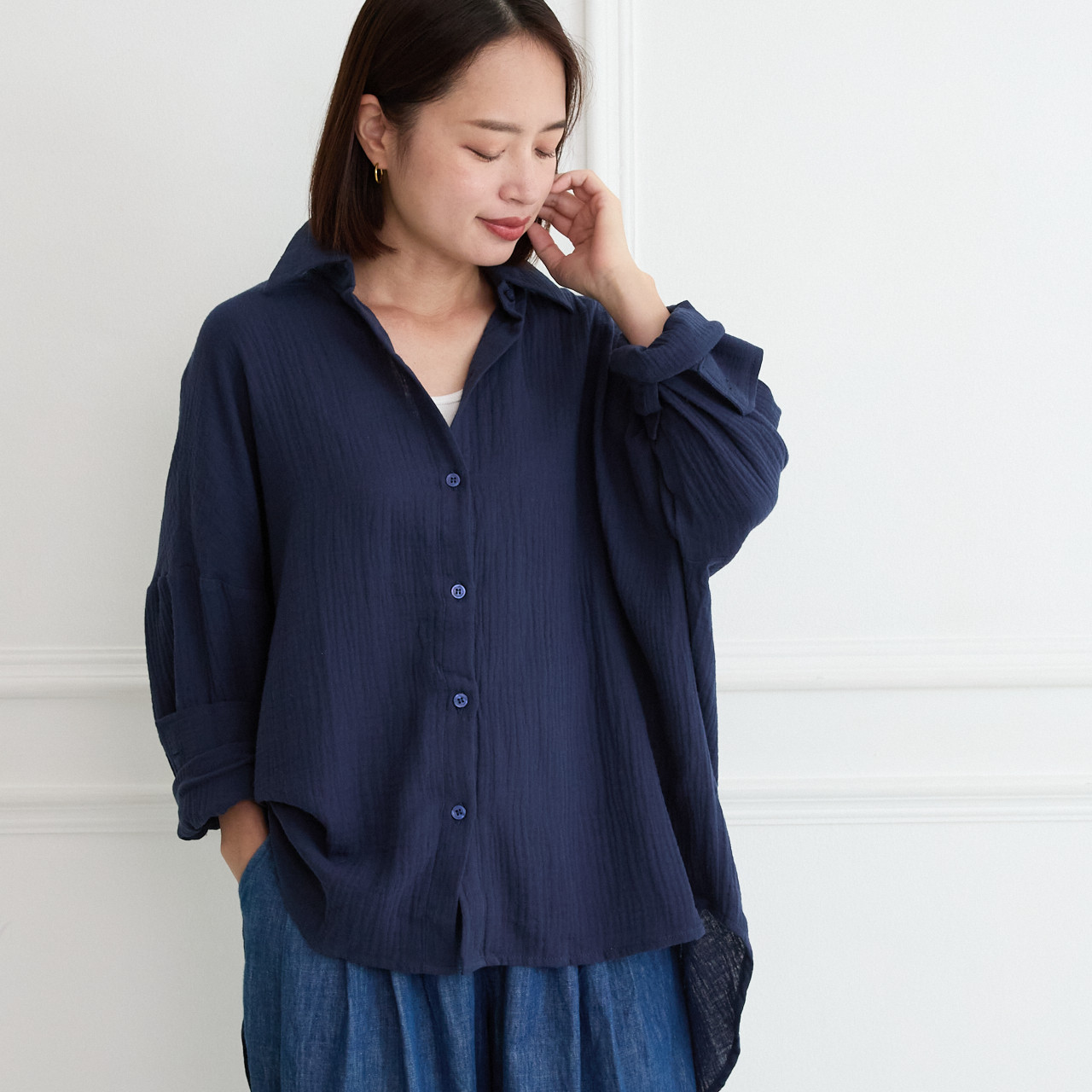 通気性良く肌触りが優しい✨楊柳ダブルガーゼ シャツ 長袖　ネイビー　0699NV