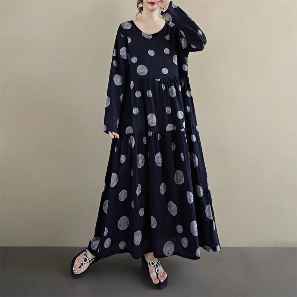 花柄 長袖ワンピース 綿麻ワンピース レディースワンピース 秋ワンピース ゆったりワンピース 大人カジュアル