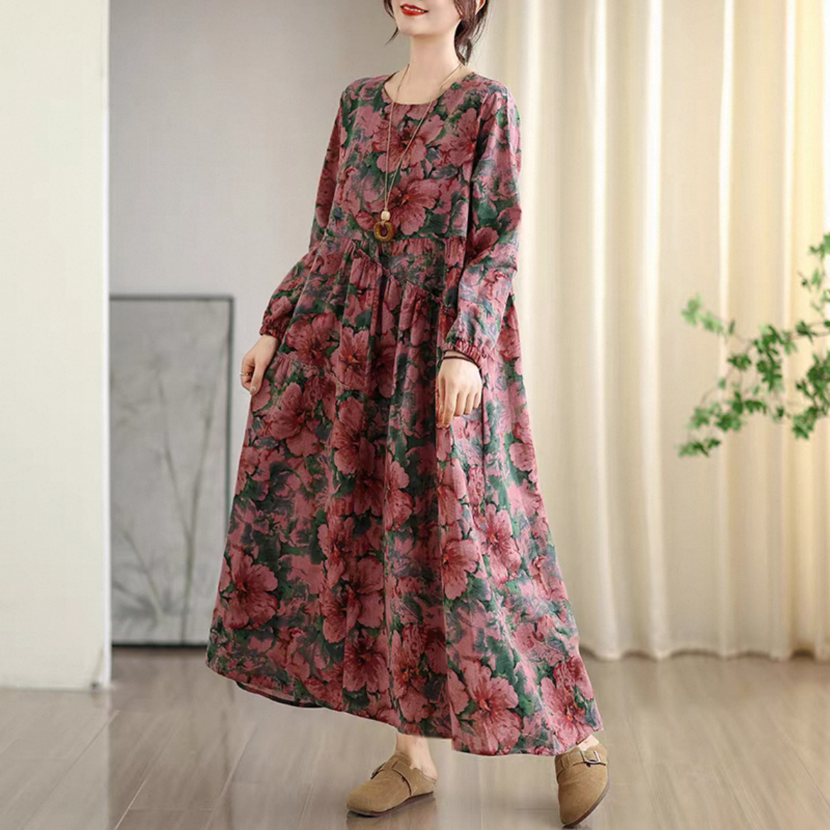 花柄 長袖ワンピース 綿麻ワンピース レディースワンピース 秋ワンピース ゆったりワンピース 大人カジュアル