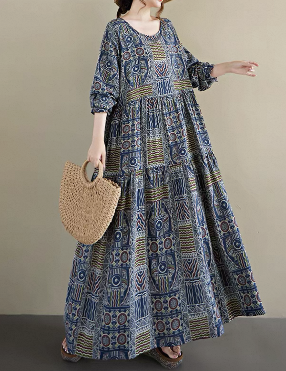 花柄 長袖ワンピース 綿麻ワンピース レディースワンピース 秋ワンピース ゆったりワンピース 大人カジュアル