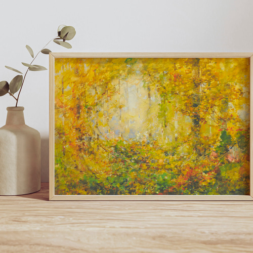 秋の森アートポスター アンティーク 風景画 黄色 橙 緑 インテリア
