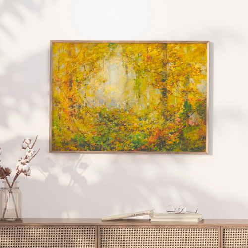 秋の森アートポスター アンティーク 風景画 黄色 橙 緑 インテリア