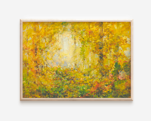 秋の森アートポスター アンティーク 風景画 黄色 橙 緑 インテリア