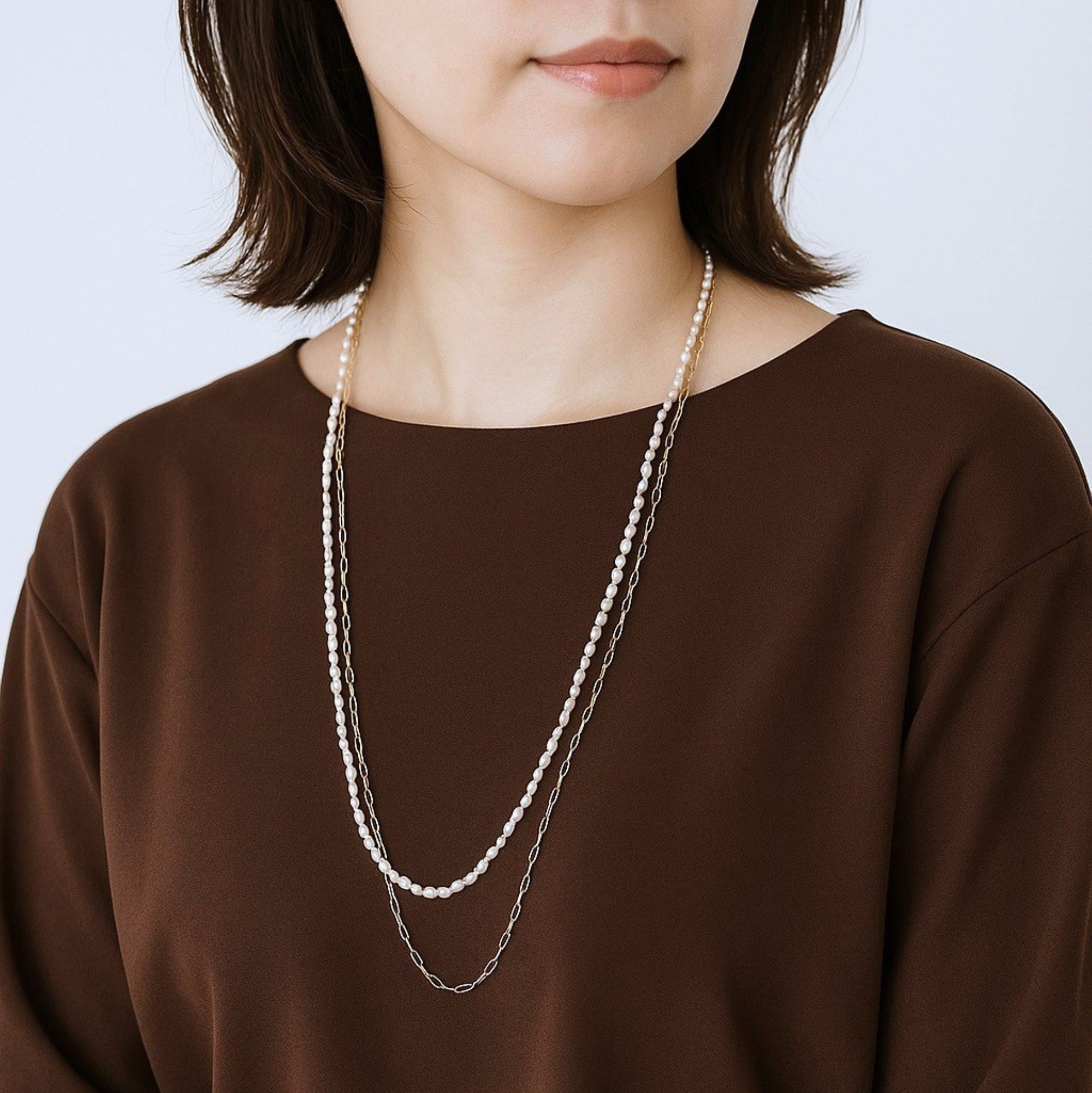 【4way・金アレ対応】メガネチェーンにも！上からかぶれる淡水パールとサージカルステンレスチェーンのロングネックレス＊