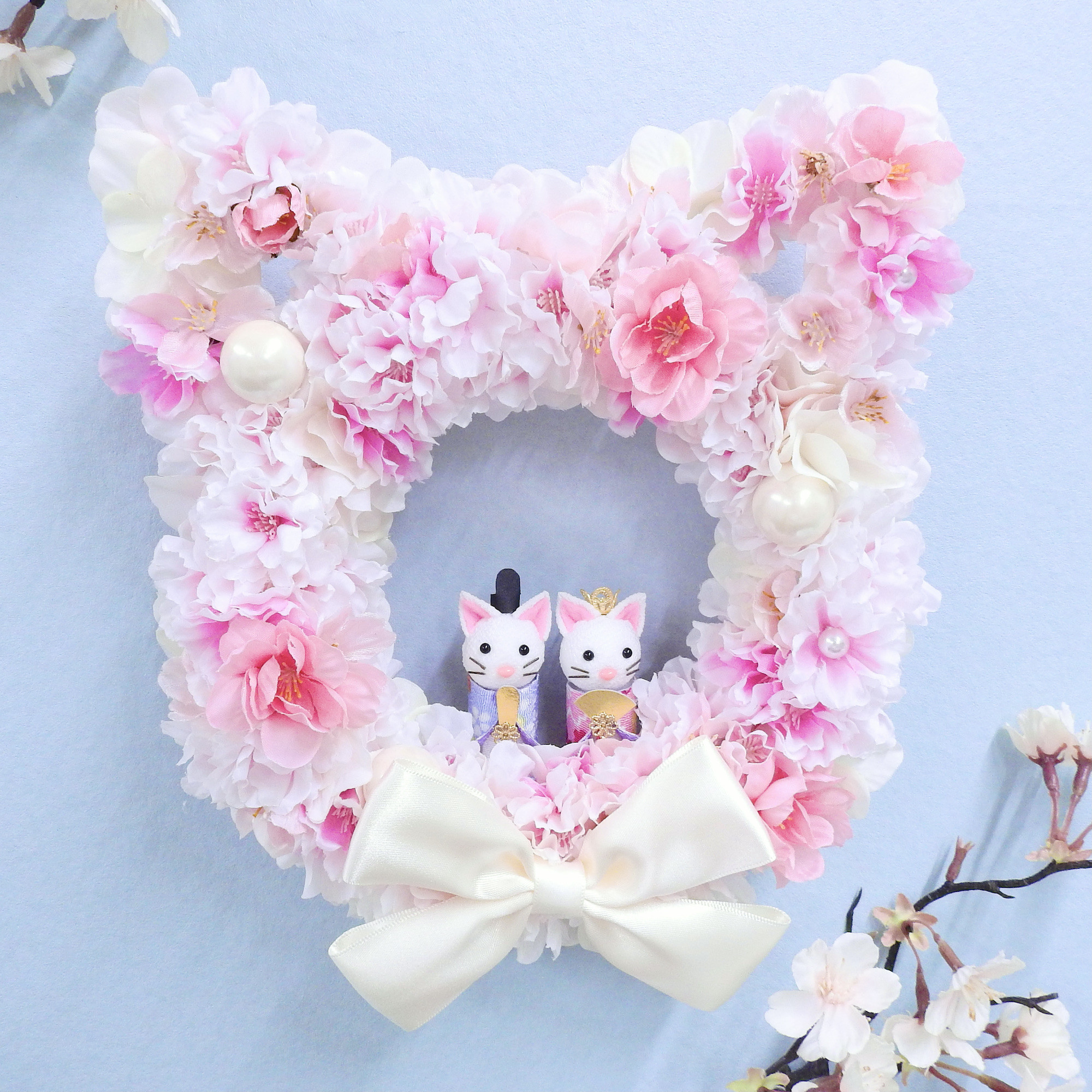 再販＊ネコリース ニャンコリース 満開の桜・桃の花 (お雛様・ひなまつり・結婚祝い・出産祝い) 抗ウイルス光触媒加工付