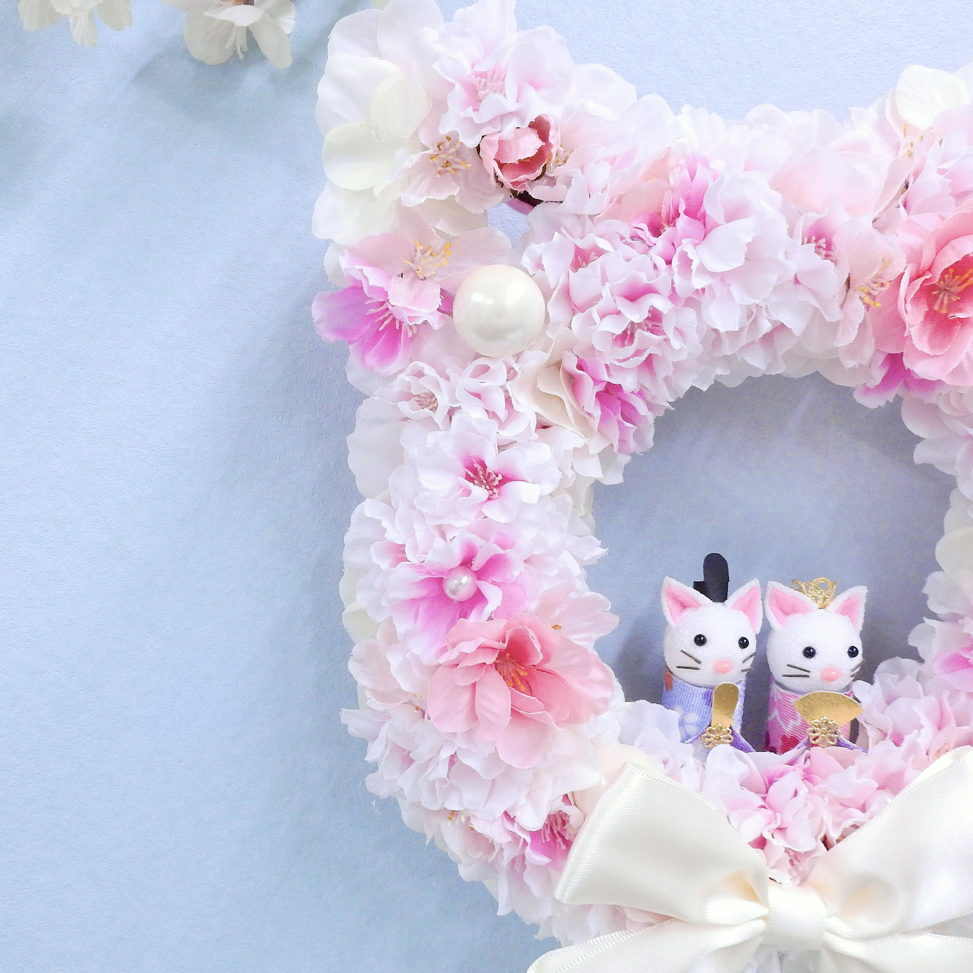 再販＊ネコリース ニャンコリース 満開の桜・桃の花 (お雛様・ひなまつり・結婚祝い・出産祝い) 抗ウイルス光触媒加工付