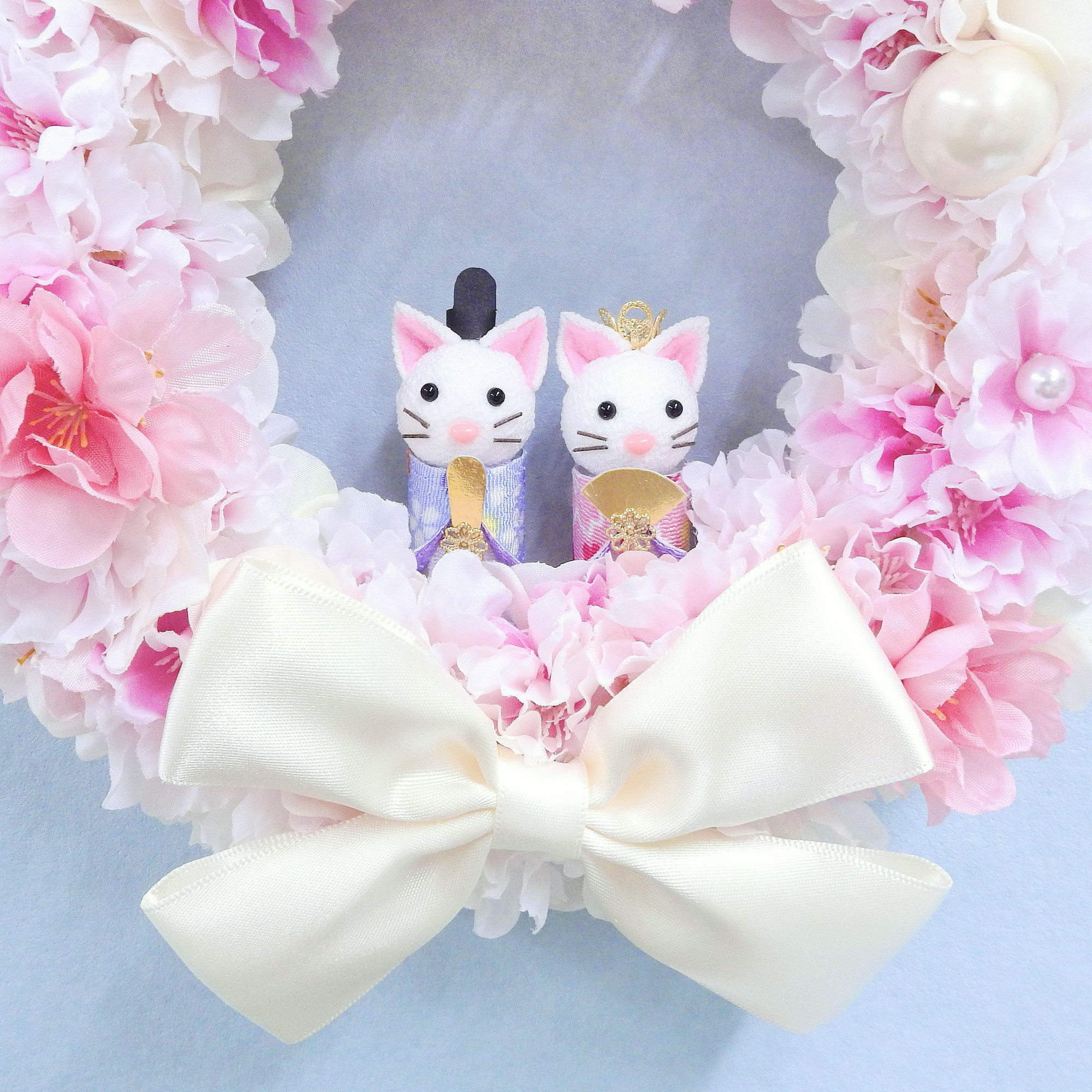 再販＊ネコリース ニャンコリース 満開の桜・桃の花 (お雛様・ひなまつり・結婚祝い・出産祝い) 抗ウイルス光触媒加工付