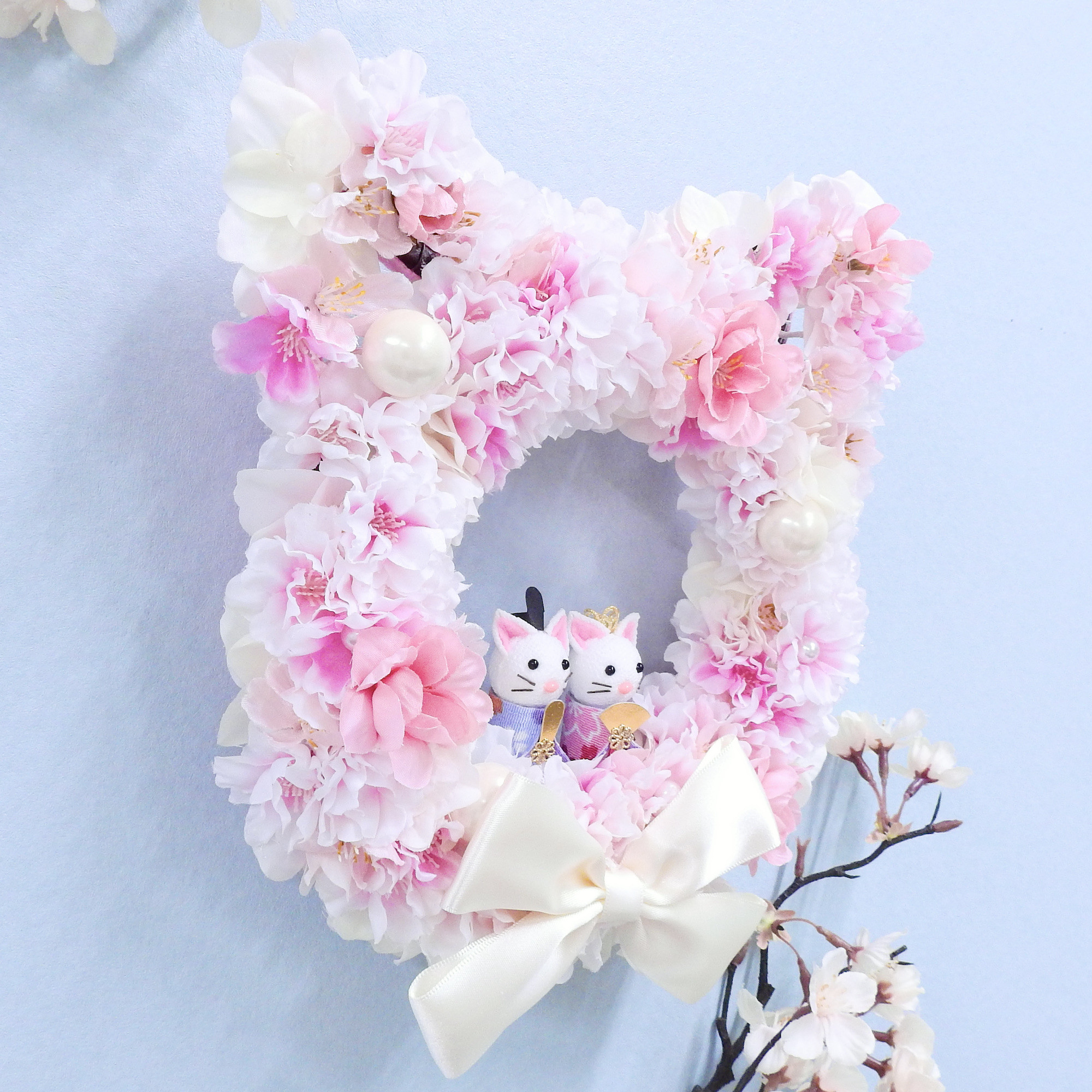再販＊ネコリース ニャンコリース 満開の桜・桃の花 (お雛様・ひなまつり・結婚祝い・出産祝い) 抗ウイルス光触媒加工付