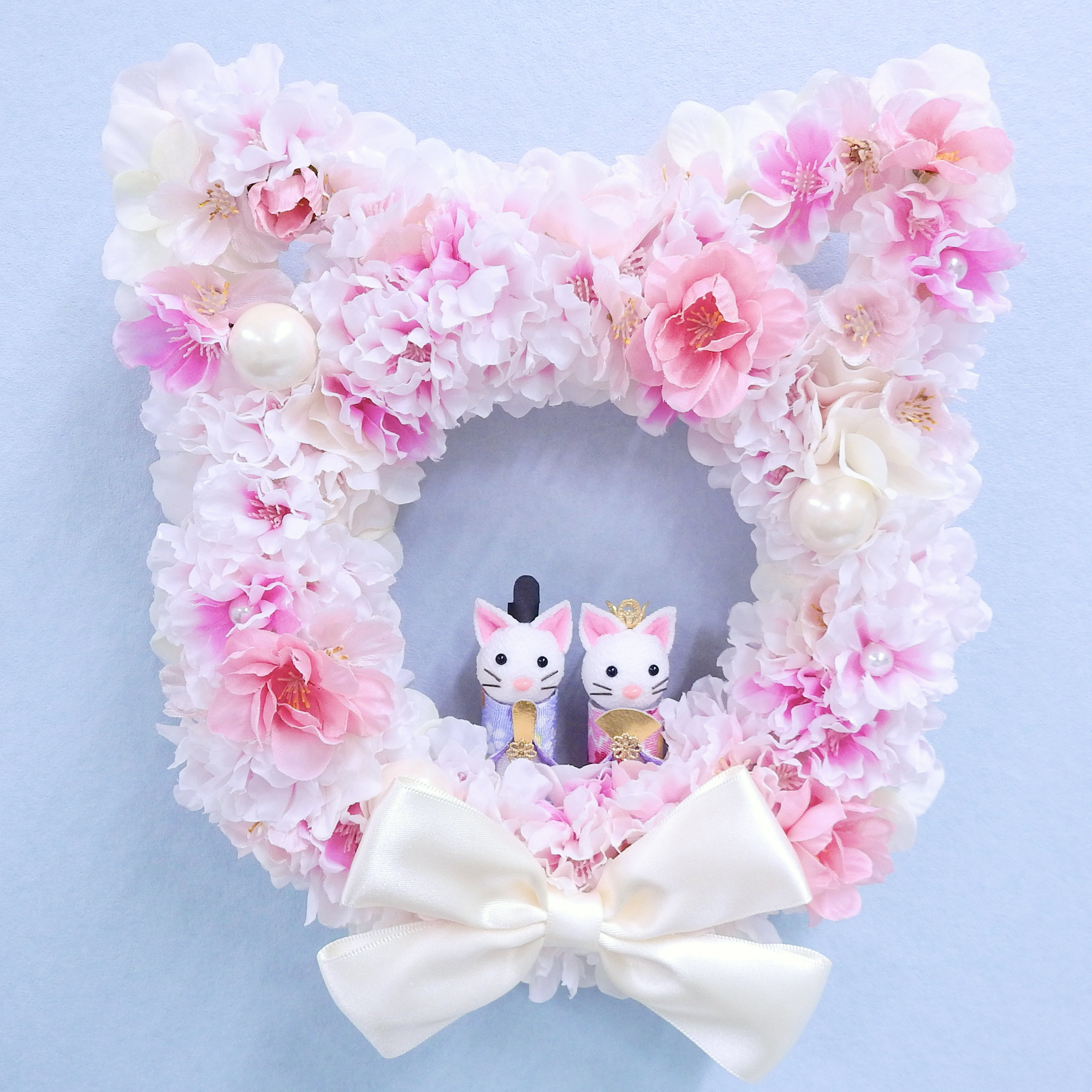 再販＊ネコリース ニャンコリース 満開の桜・桃の花 (お雛様・ひなまつり・結婚祝い・出産祝い) 抗ウイルス光触媒加工付