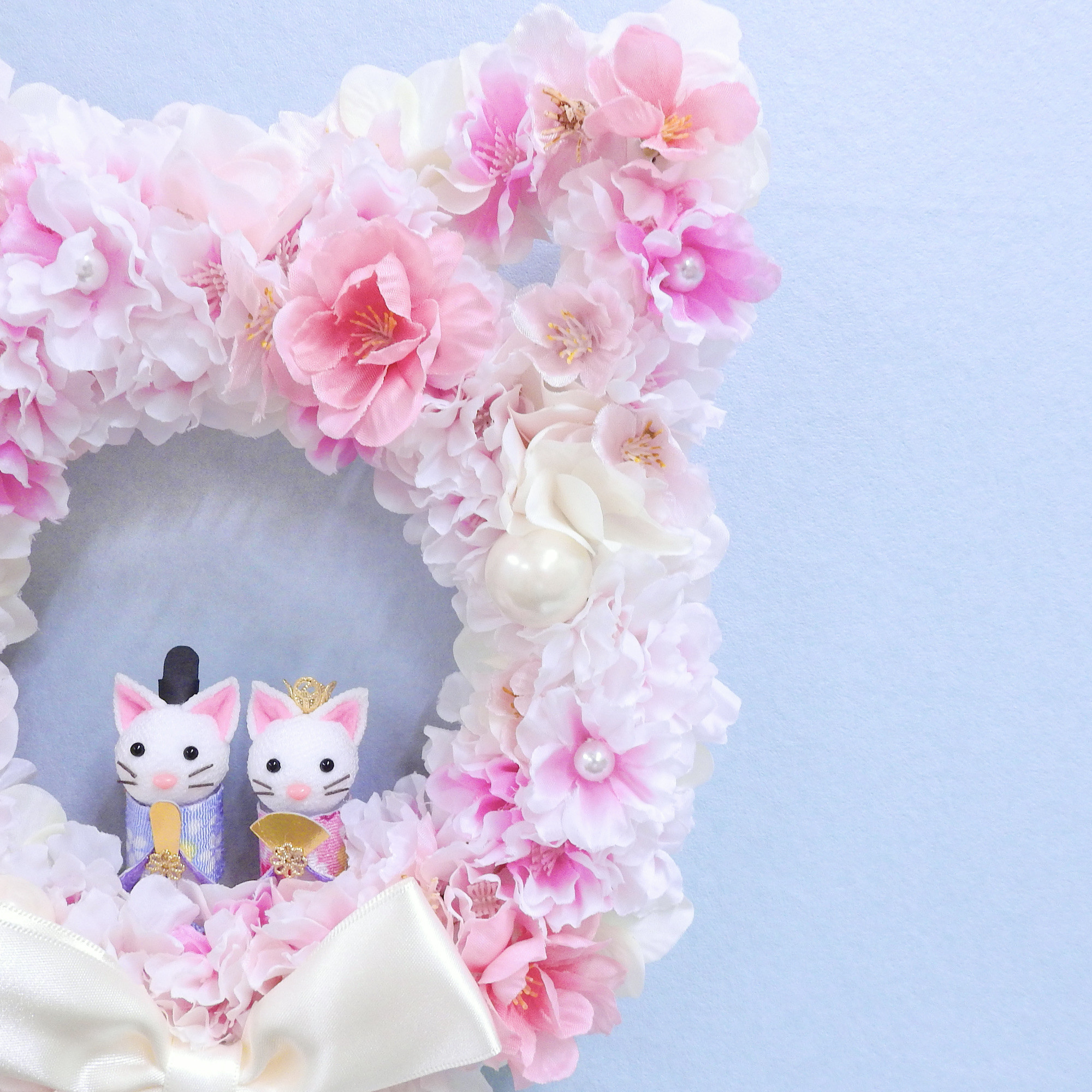 再販＊ネコリース ニャンコリース 満開の桜・桃の花 (お雛様・ひなまつり・結婚祝い・出産祝い) 抗ウイルス光触媒加工付