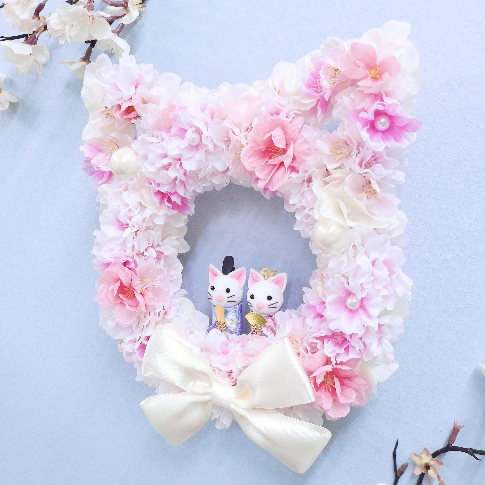 再販＊ネコリース ニャンコリース 満開の桜・桃の花 (お雛様・ひなまつり・結婚祝い・出産祝い) 抗ウイルス光触媒加工付