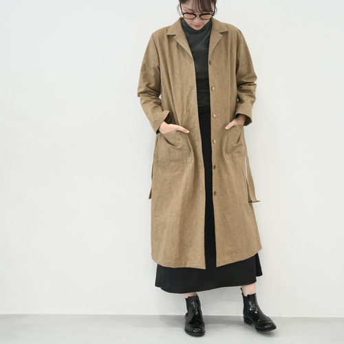 大人のための軽いナチュラルロングコート｜綿麻ウェザークロス｜カーキ