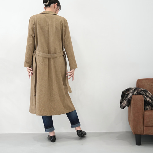 大人のための軽いナチュラルロングコート｜綿麻ウェザークロス｜カーキ