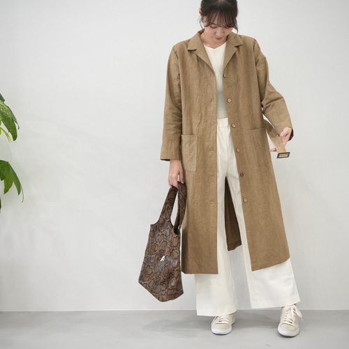 ohal リネン素材 ベージュ ロングコート 大人のための軽いナチュラルロングコート｜綿麻ウェザークロス｜カーキ