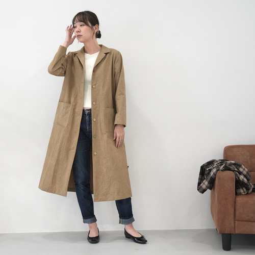 大人のための軽いナチュラルロングコート｜綿麻ウェザークロス｜カーキ