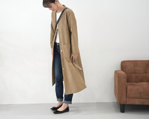 大人のための軽いナチュラルロングコート｜綿麻ウェザークロス｜カーキ