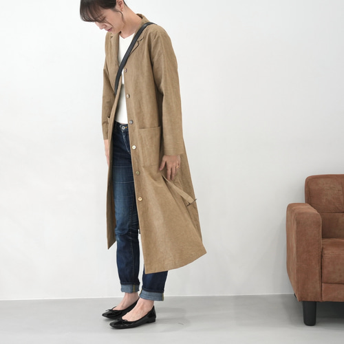 大人のための軽いナチュラルロングコート｜綿麻ウェザークロス｜カーキ