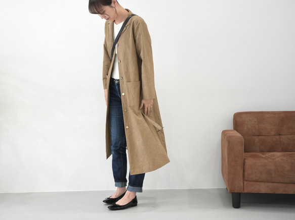 大人のための軽いナチュラルロングコート｜綿麻ウェザークロス｜カーキ