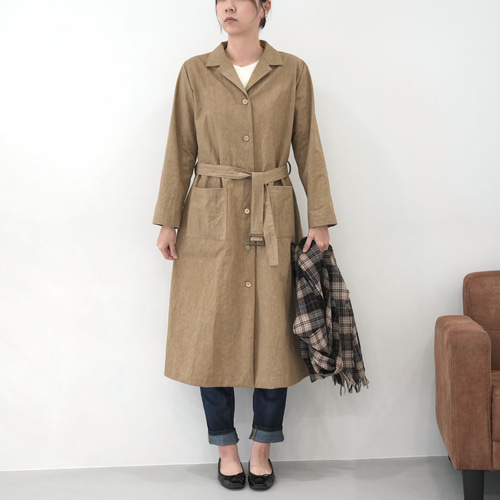 大人のための軽いナチュラルロングコート｜綿麻ウェザークロス｜カーキ
