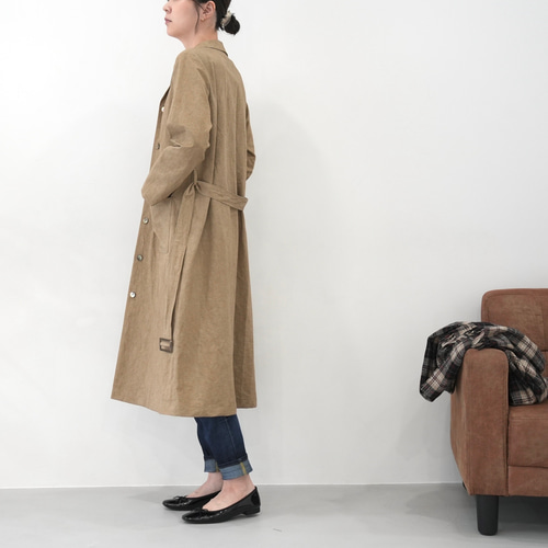 大人のための軽いナチュラルロングコート｜綿麻ウェザークロス｜カーキ