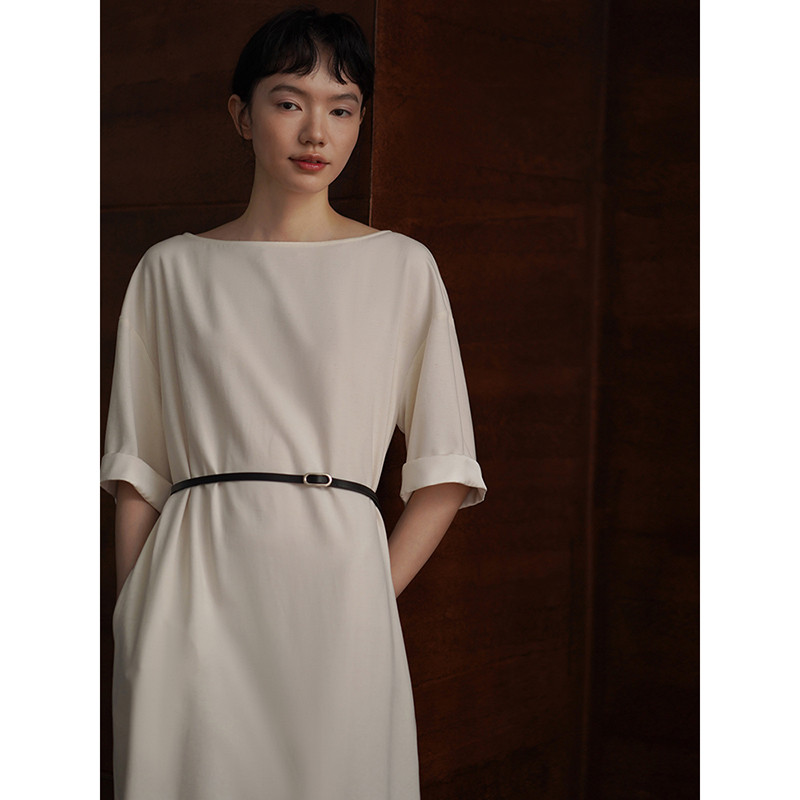 巻き上げ袖口半袖ワンピース　優雅のホワイトワンピース　ベルト付き　S-XL#734