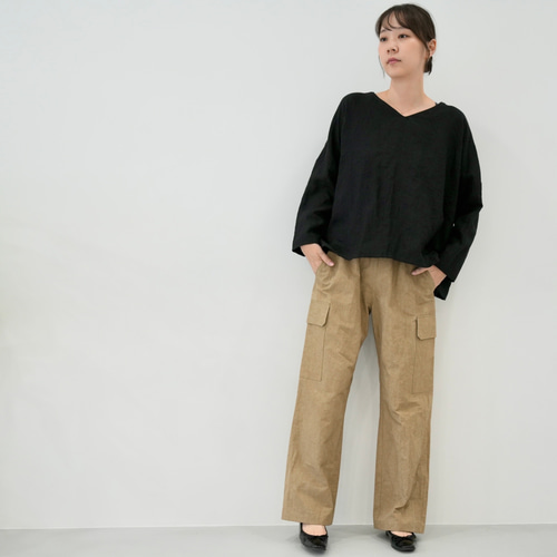 大人のための軽いカーゴパンツ｜綿麻ウェザークロス｜カーキベージュ
