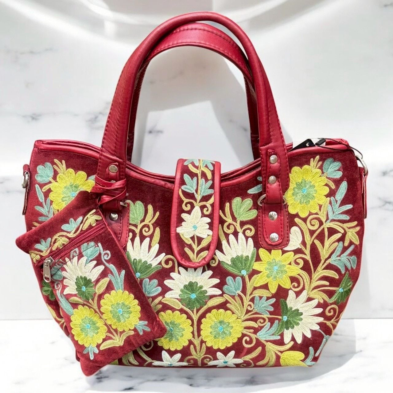 トートバッグ ショルダーバッグ 2WAY 牛革×ベロア シルク刺繍 カシミール刺繍 ボタニカルデザイン レディース