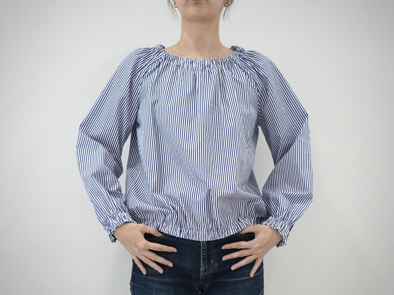 爽やかブルー×ホワイト❤︎コットン100% ブラウジング長袖ブラウス　No.366