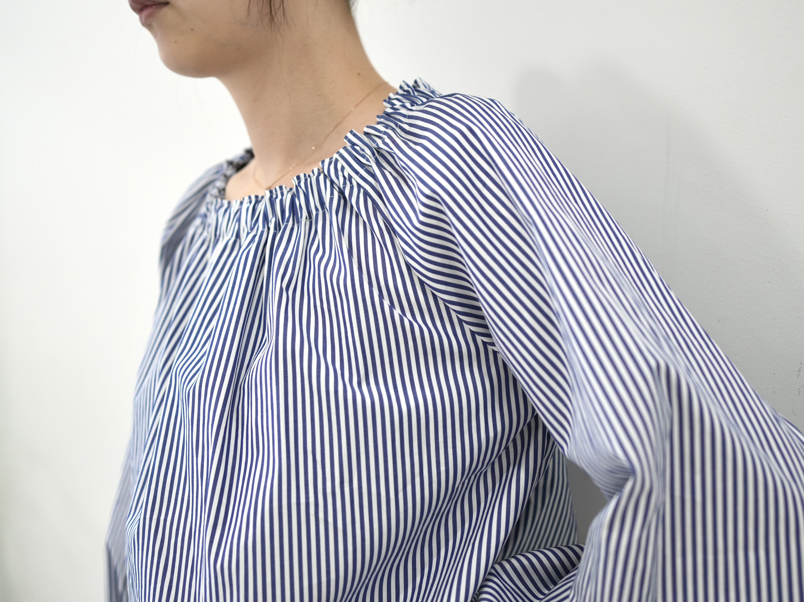 爽やかブルー×ホワイト❤︎コットン100% ブラウジング長袖ブラウス　No.366