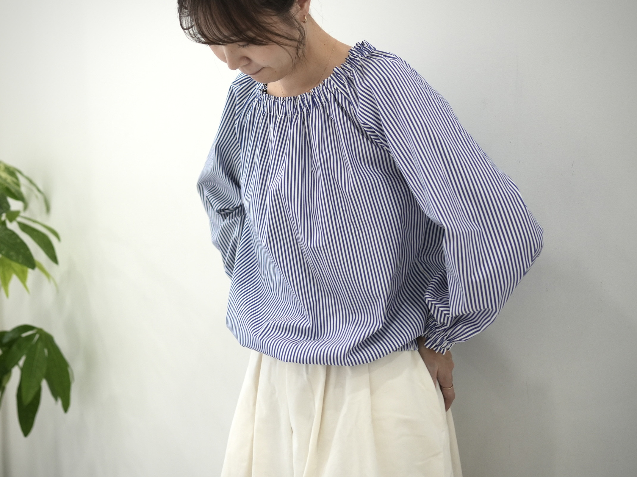 爽やかブルー×ホワイト❤︎コットン100% ブラウジング長袖ブラウス　No.366