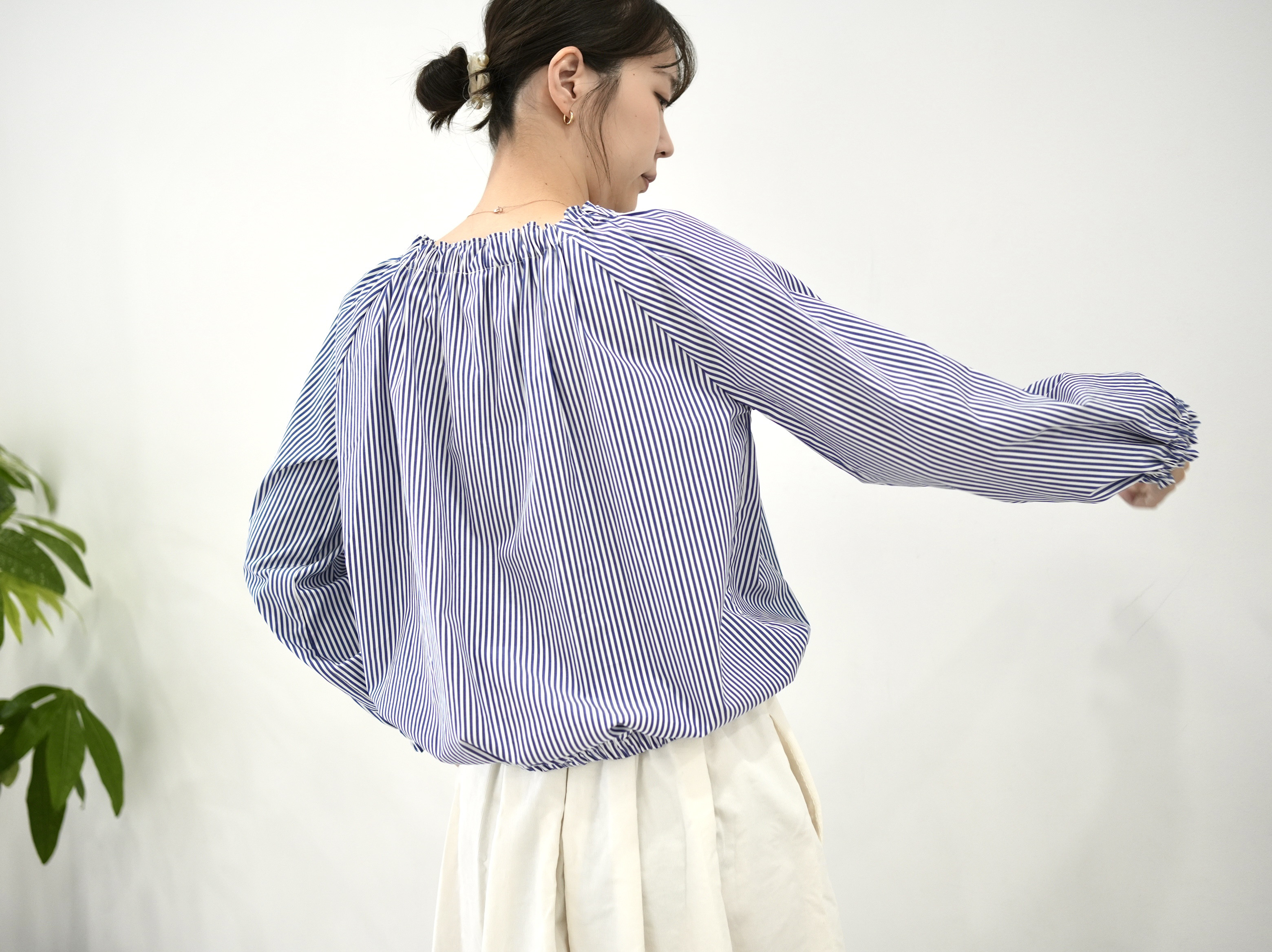 爽やかブルー×ホワイト❤︎コットン100% ブラウジング長袖ブラウス　No.366