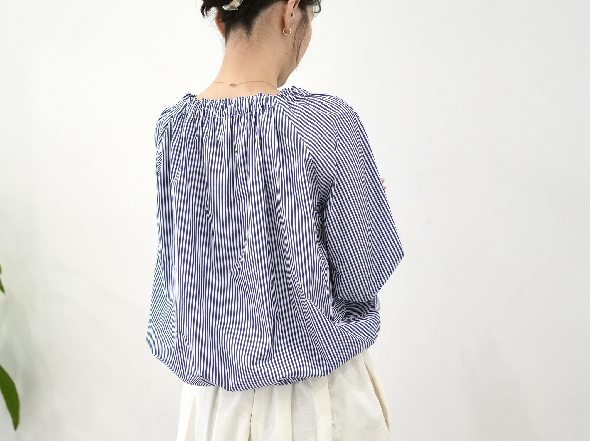 爽やかブルー×ホワイト❤︎コットン100% ブラウジング長袖ブラウス　No.366