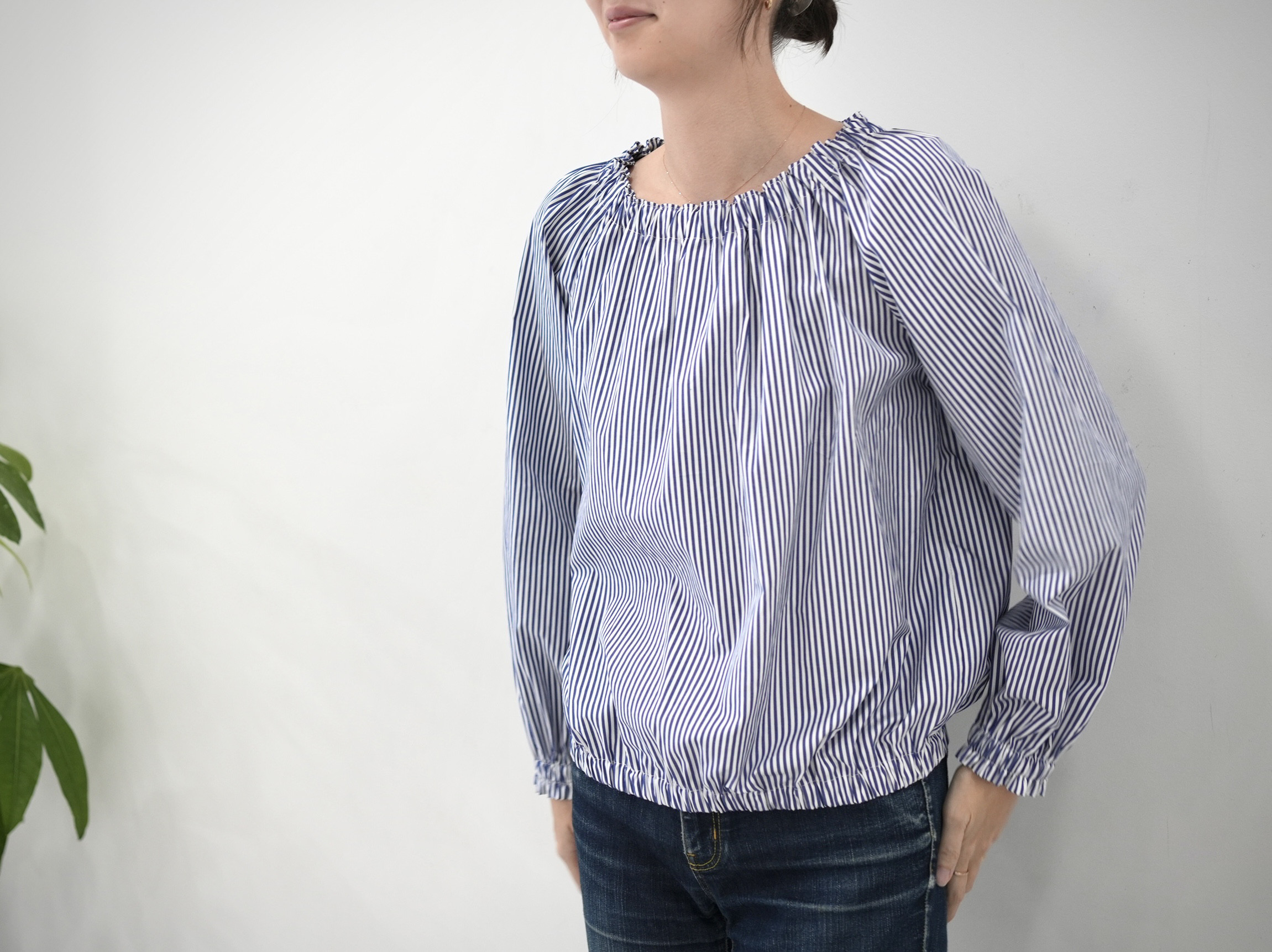 爽やかブルー×ホワイト❤︎コットン100% ブラウジング長袖ブラウス　No.366