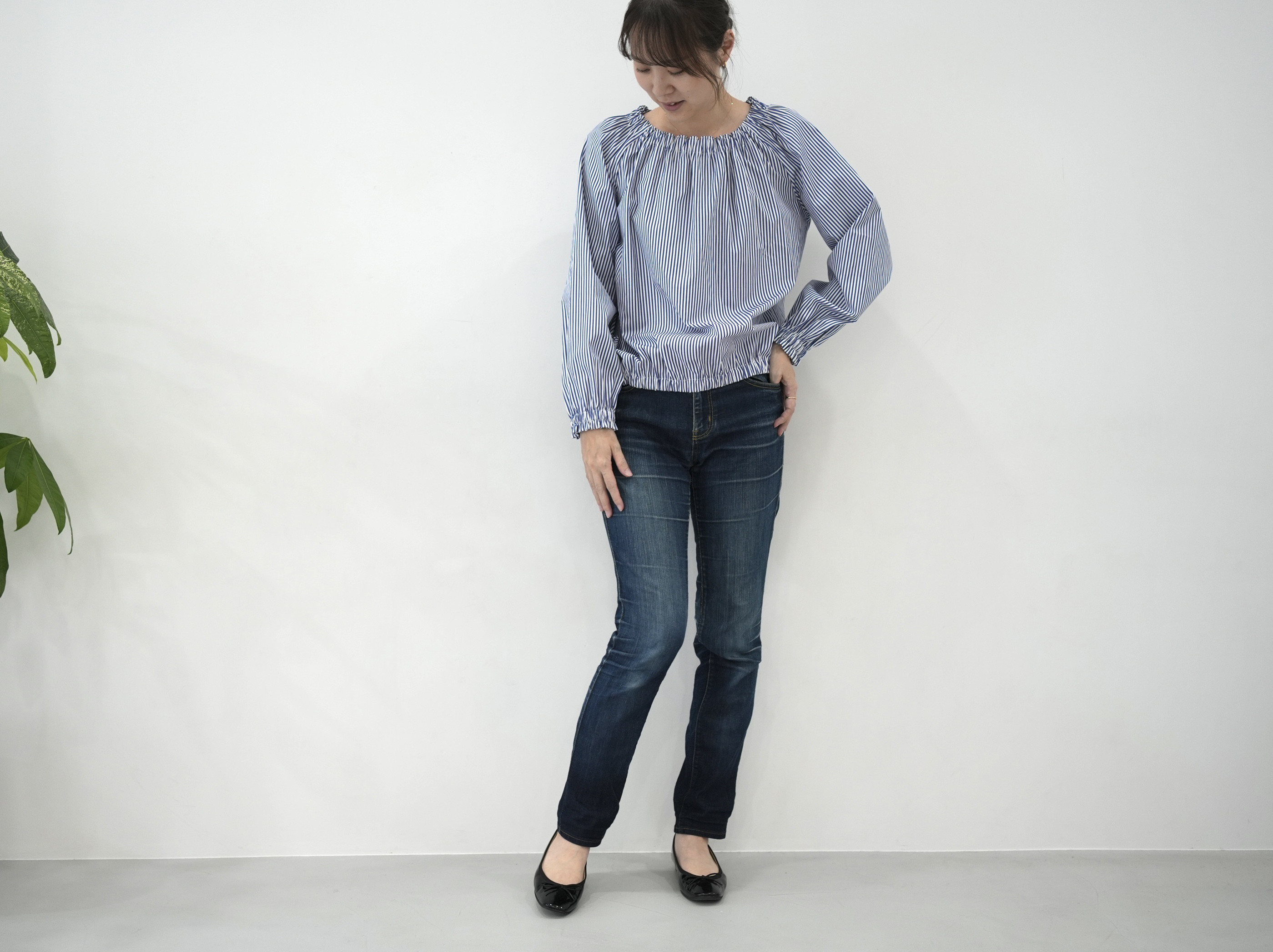 爽やかブルー×ホワイト❤︎コットン100% ブラウジング長袖ブラウス　No.366