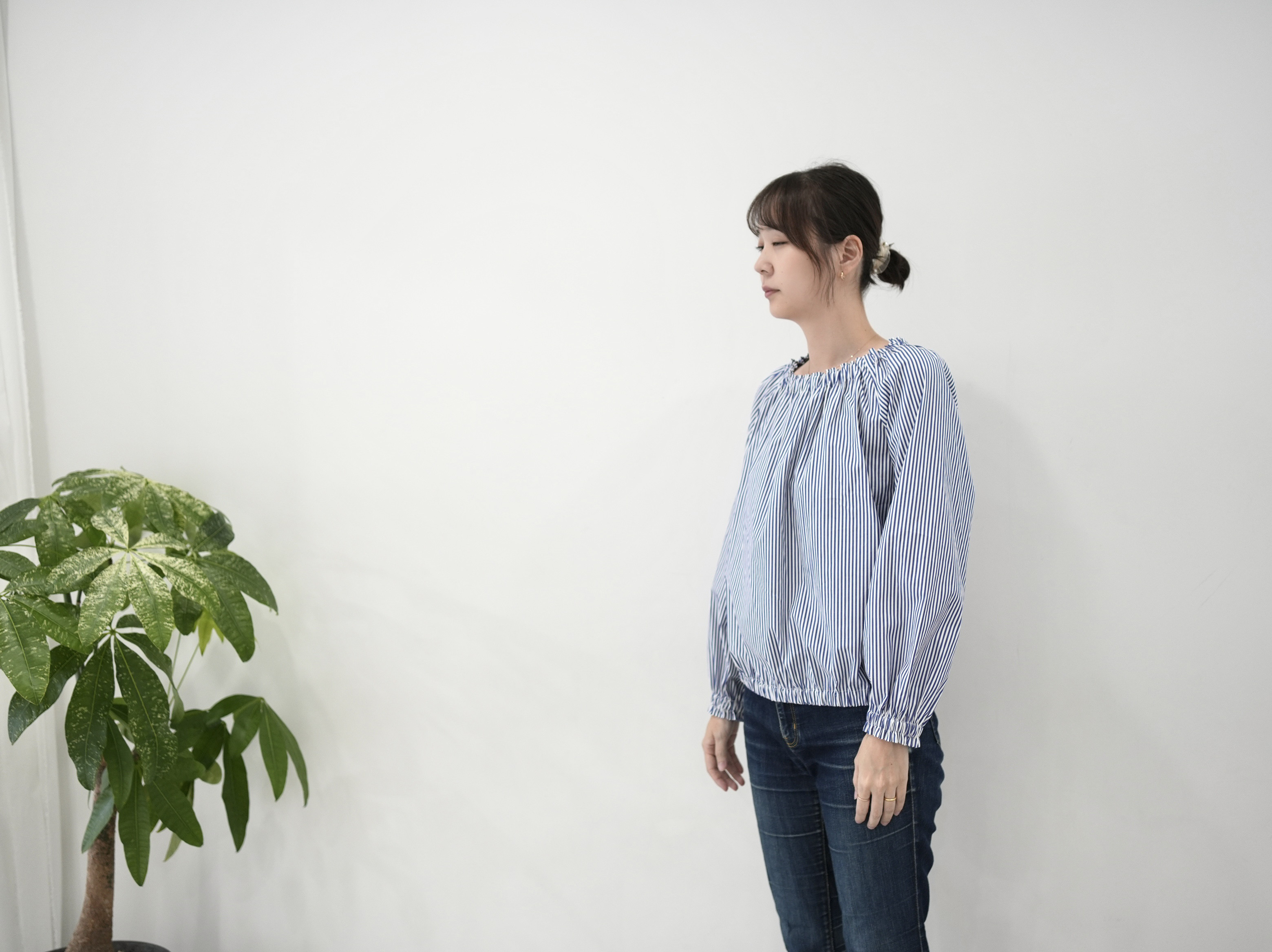 爽やかブルー×ホワイト❤︎コットン100% ブラウジング長袖ブラウス　No.366