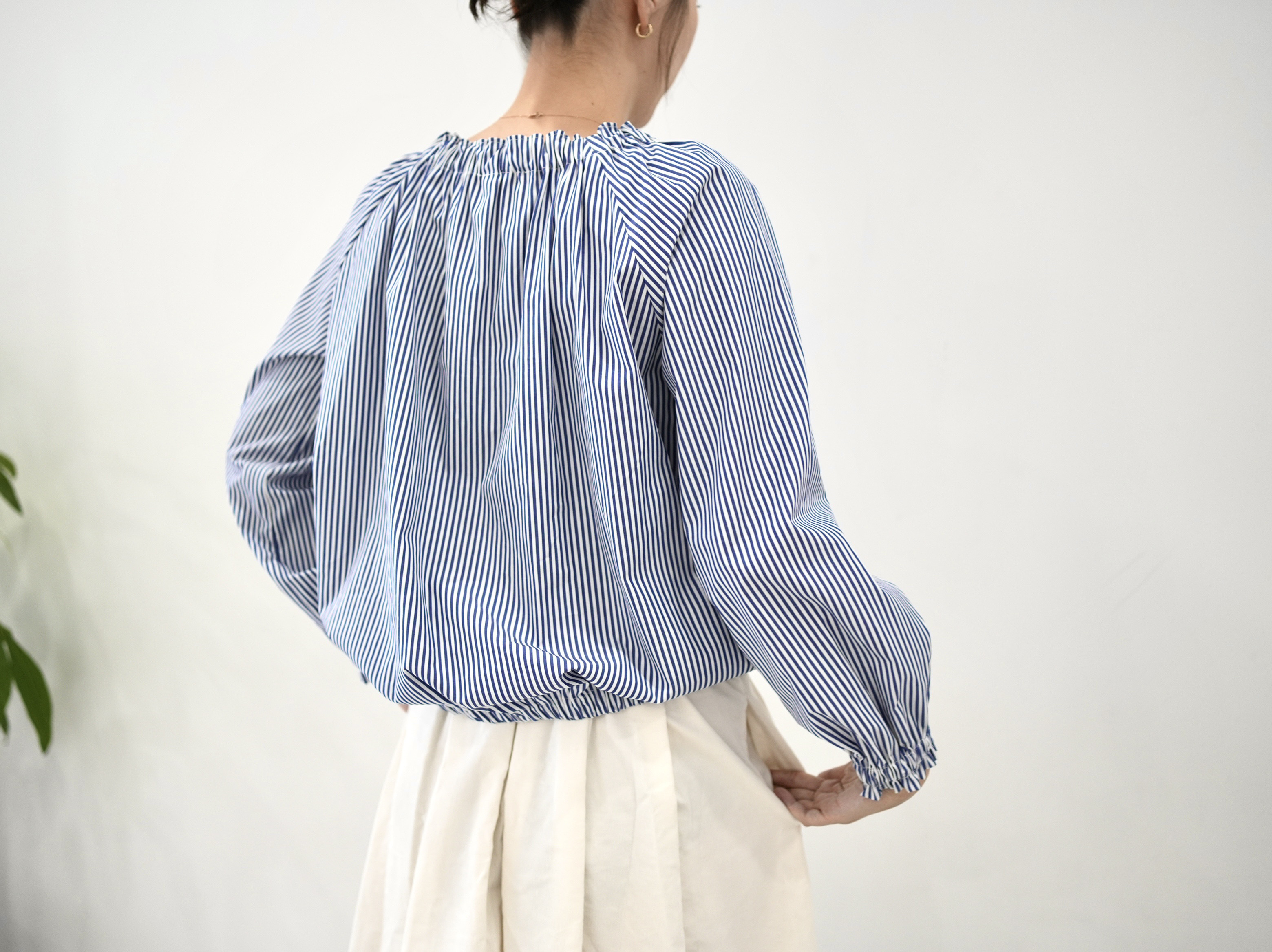 爽やかブルー×ホワイト❤︎コットン100% ブラウジング長袖ブラウス　No.366