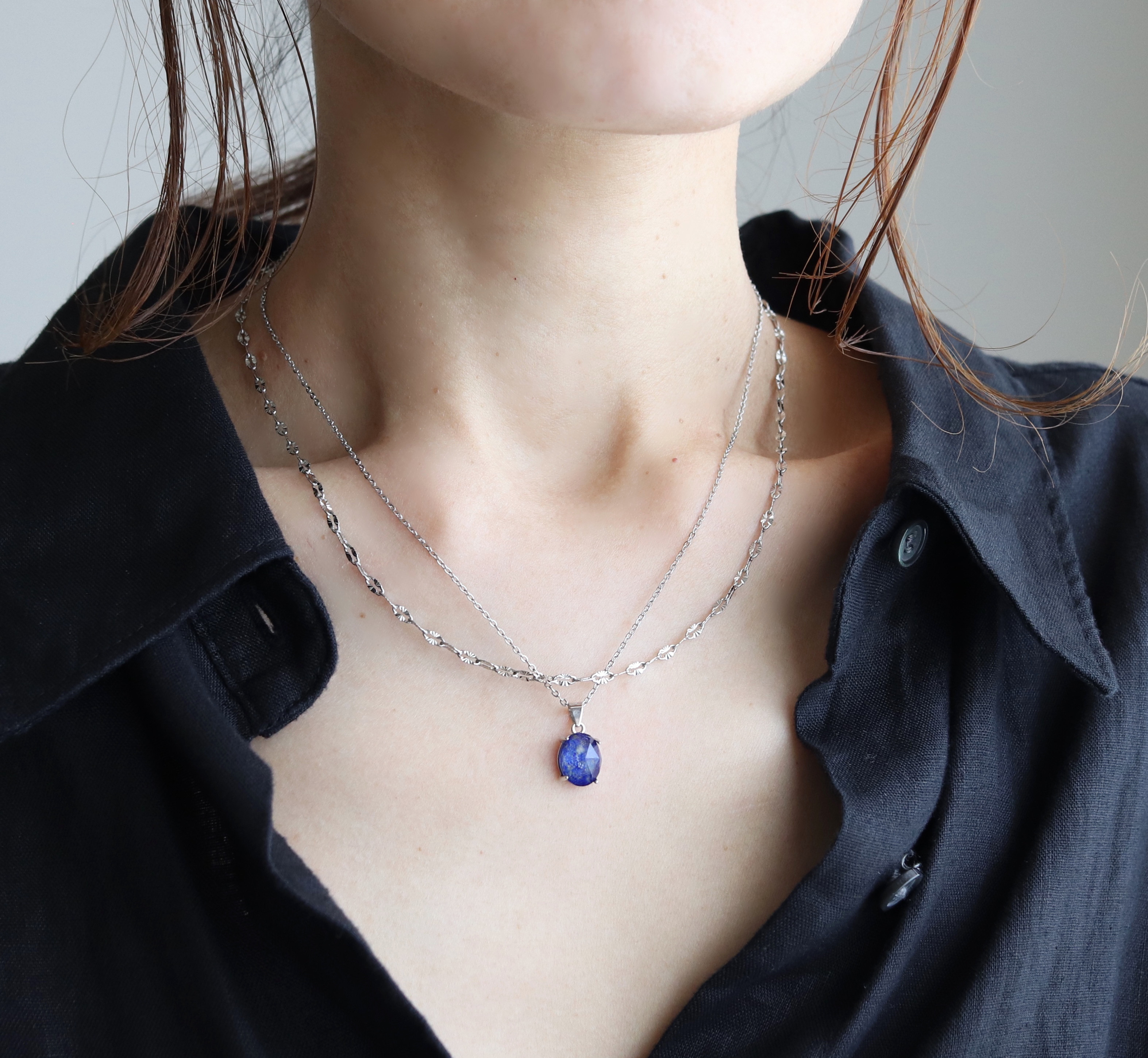 ２点セット・一粒ラピスラズリとペタルチェーンネックレス
