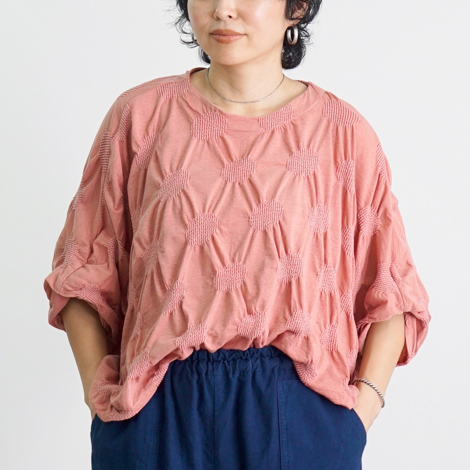 ボートネックドットニットTシャツ/ピンク/尾州ニット